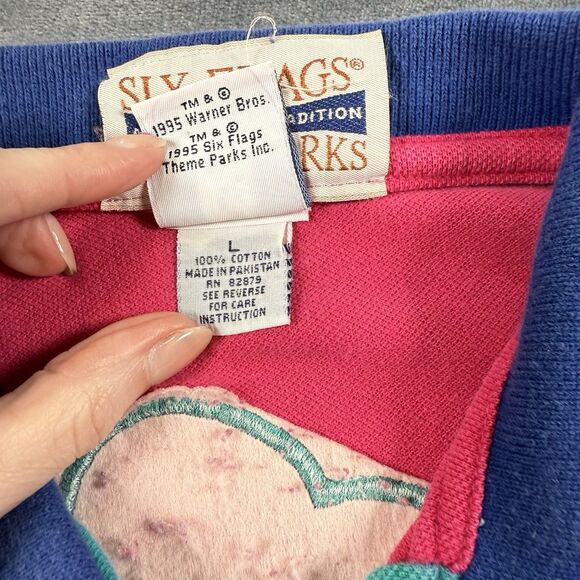 VTG 90s Six Flags Pepe Le Pew Embroidered Polo Shirt Men’s Fuchsia Teal Size L - Picture 7 of 10